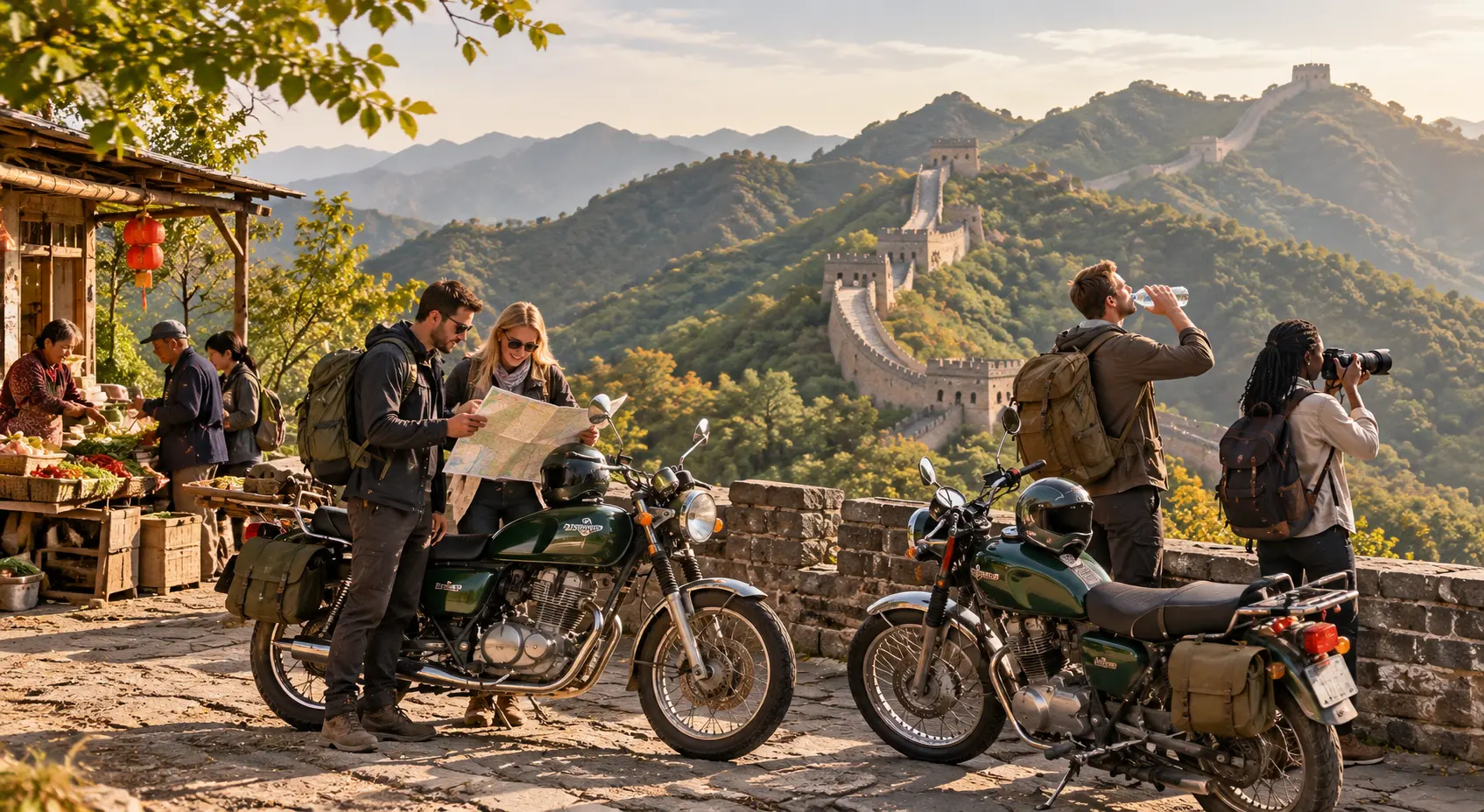 Travellers with motorcycles overlooking the Great Wall of China.