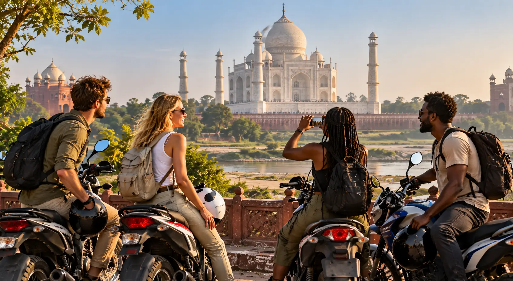 Four travellers with motorcycles overlooking the Taj Mahal in India.