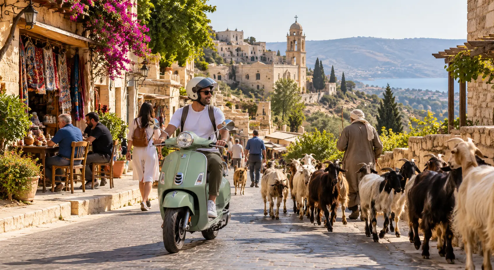 Scooter rider passing through a traditional village with goats in Israel.