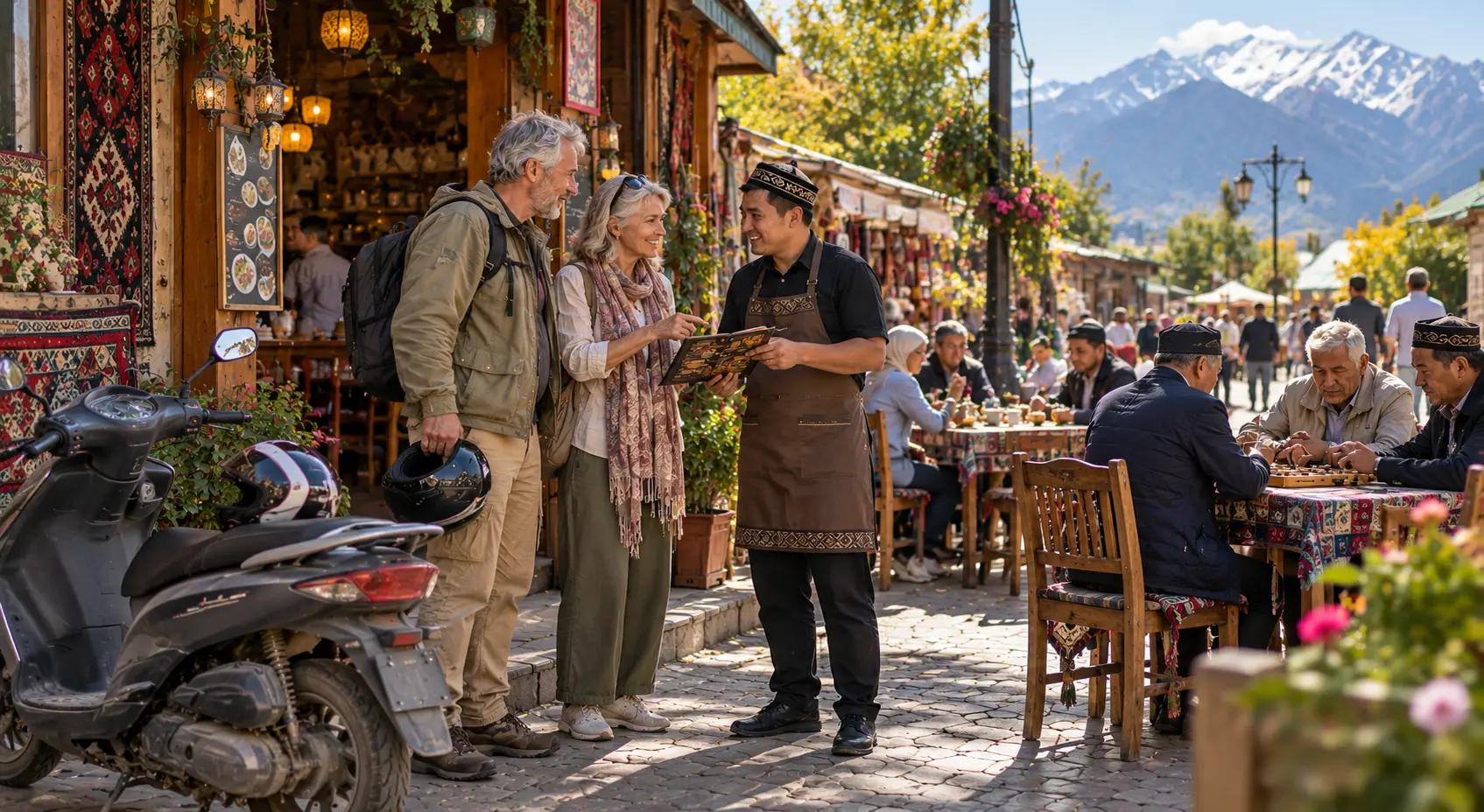Older couple stopping with their scooter at a village café near Almaty, Kazakhstan.