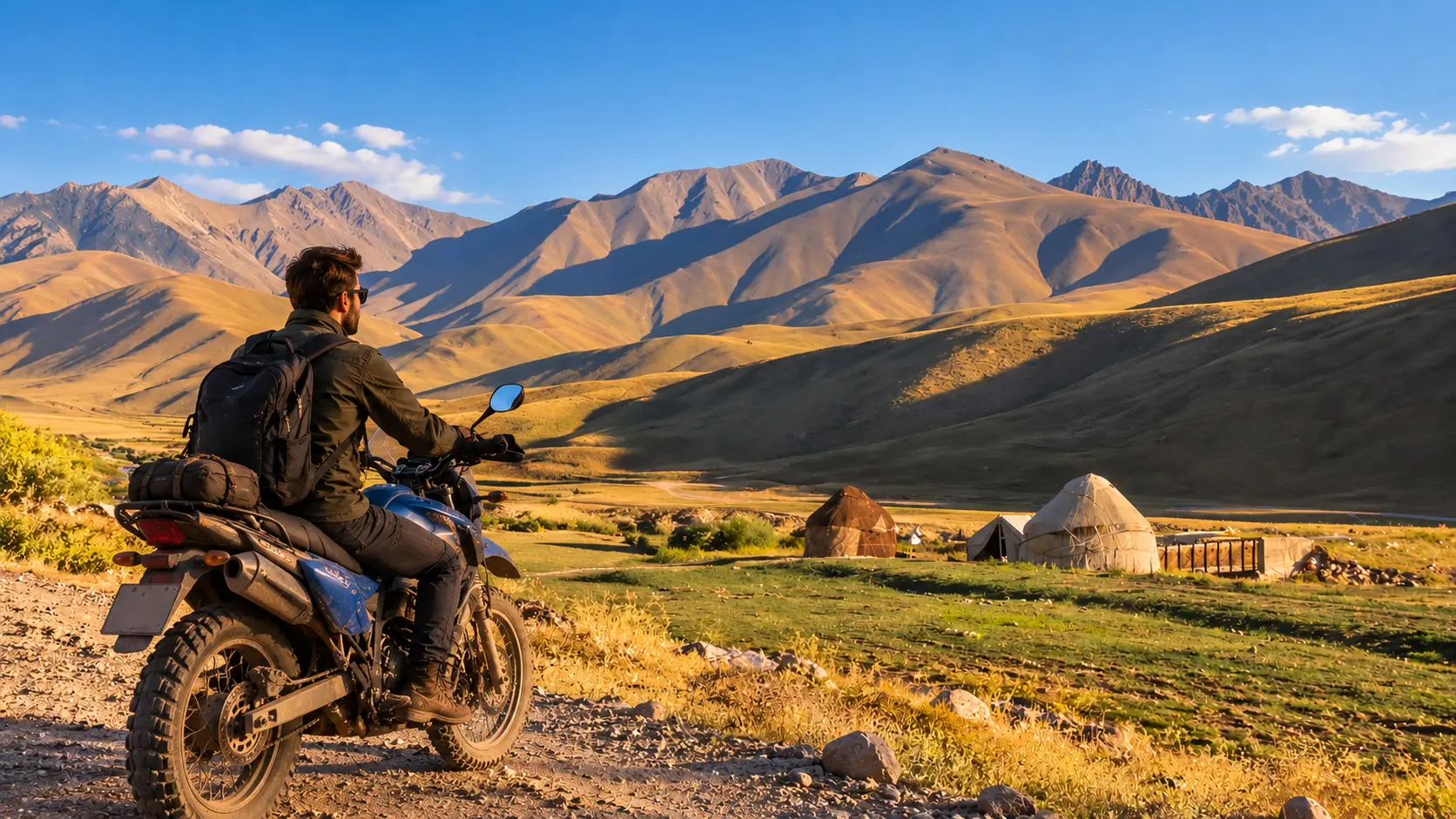 Motorcyclist overlooking yurts and mountain scenery in Kyrgyzstan.