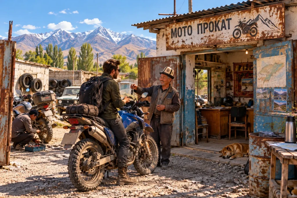 Traveller collecting the keys to a blue adventure motorcycle from a friendly rental owner at a rustic motorcycle hire workshop in Kyrgyzstan, with mountains in the background.