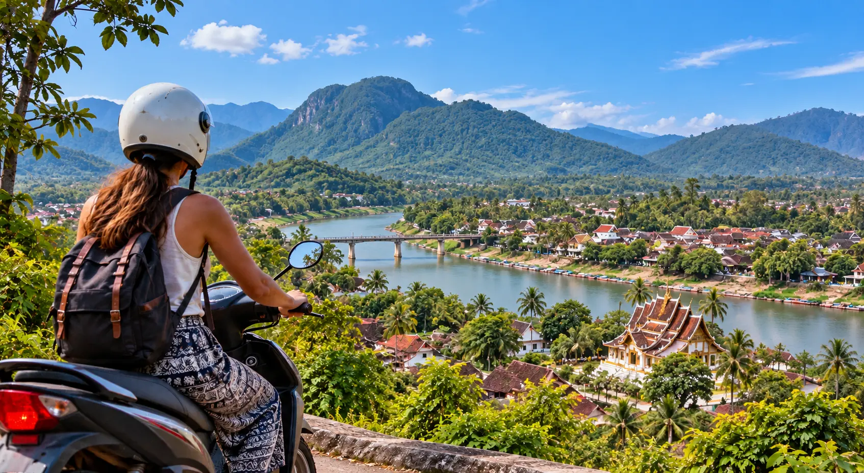 Traveller on a scooter overlooking Luang Prabang and the surrounding mountains in Laos.Traveller on a scooter overlooking Luang Prabang and the surrounding mountains in Laos.