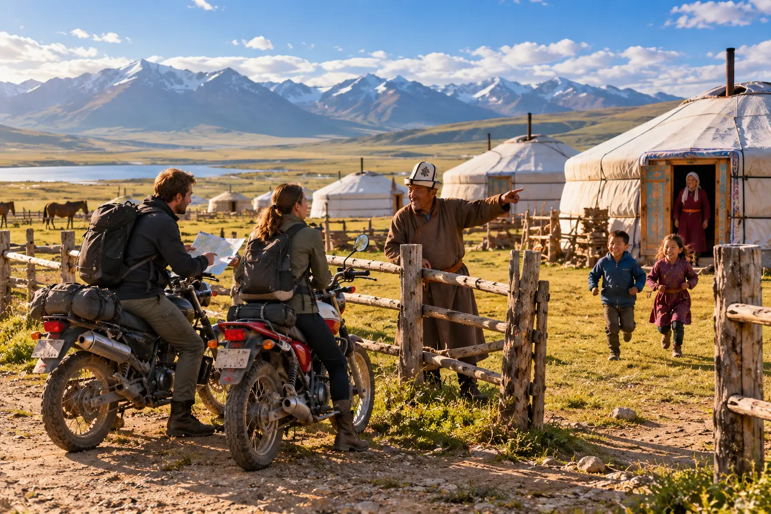Motorcycle travellers asking a local family for directions beside traditional yurts in Mongolia.