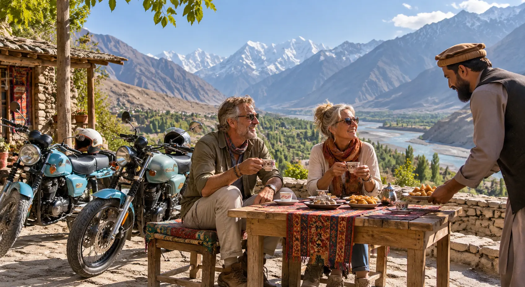Older couple enjoying tea beside their motorcycles overlooking the mountains in Pakistan.