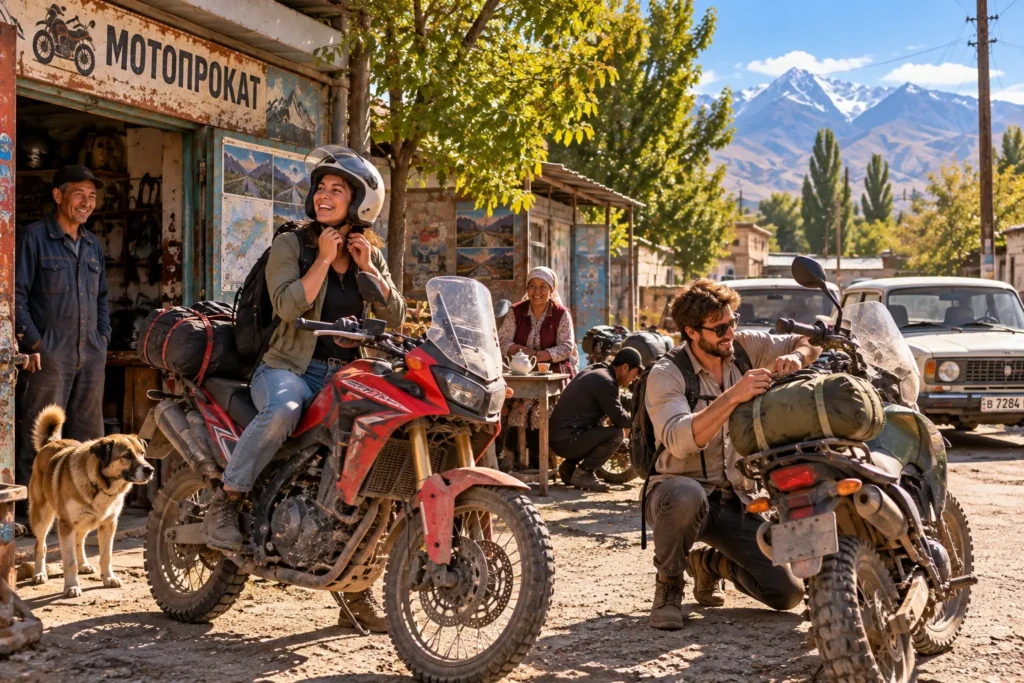 Young couple preparing their rented adventure motorcycles outside a rustic rental shop in Bishkek, Kyrgyzstan, with friendly locals and snow-capped mountains in the background.