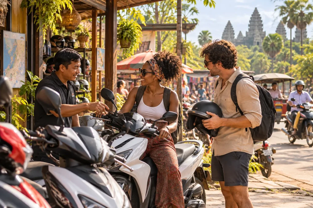 Couple hiring a scooter from a local rental shop in Siem Reap, Cambodia, with bustling street life and traditional Khmer architecture in the background.