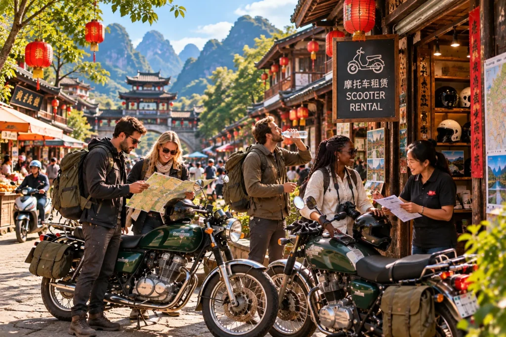 Four travellers hiring scooters at a Chinese rental shop, studying maps, drinking water and chatting with the shop owner on a lively traditional street.