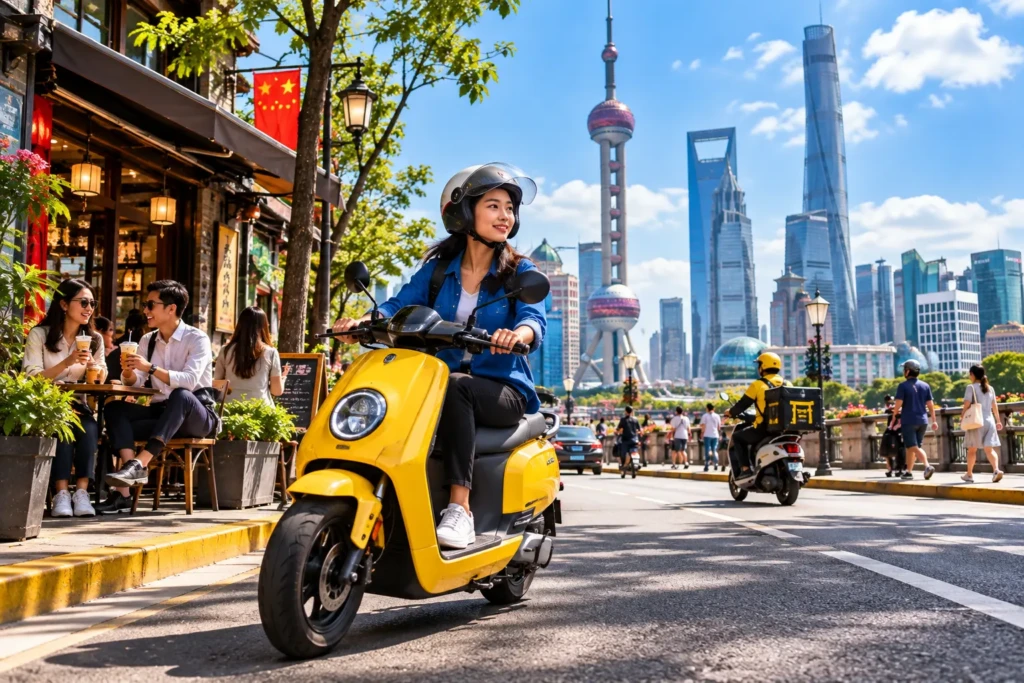 Woman riding a bright yellow electric scooter through sunny Shanghai, with the Oriental Pearl Tower, modern skyscrapers, cafés and bustling street life in the background.