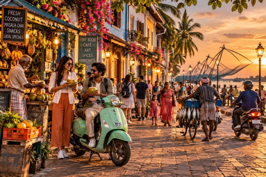 Indian couple enjoying fresh coconuts beside a mint-green scooter in Fort Kochi, with colourful street stalls, local pedestrians and traditional Chinese fishing nets at sunset.