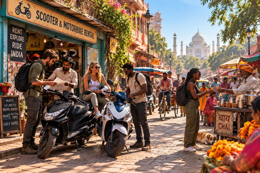 Four travellers collecting rental scooters in a lively Agra street, with a local shop owner, chai vendor, colourful market stalls and everyday Indian street life.