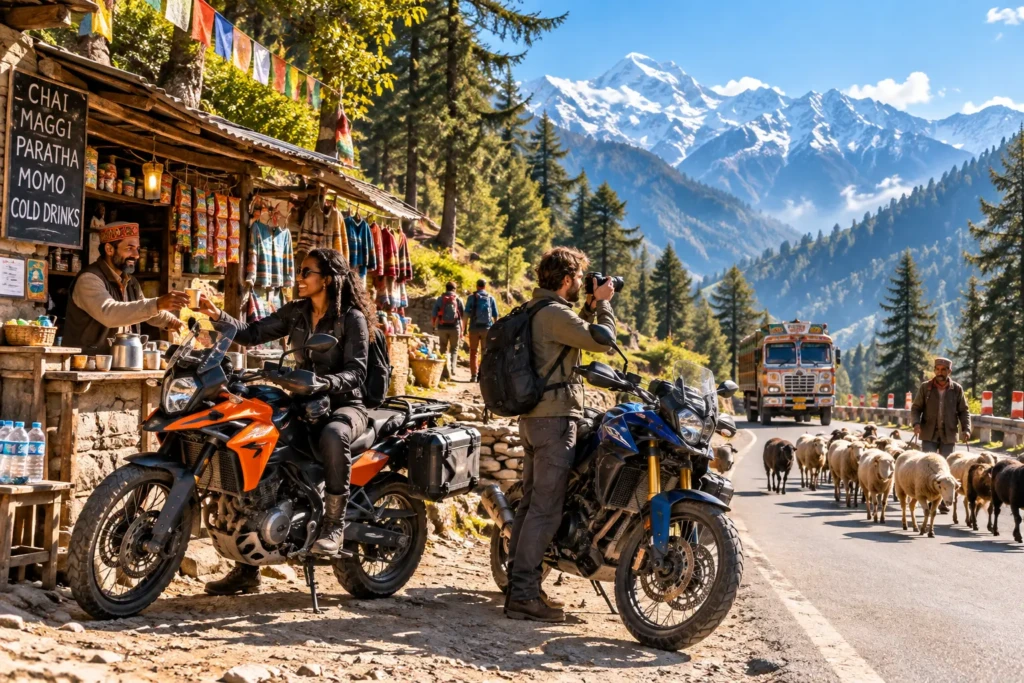 Two travellers with adventure motorcycles at a roadside chai stall near Manali, with snow-capped Himalayan mountains, passing sheep, a colourful truck and local street life.