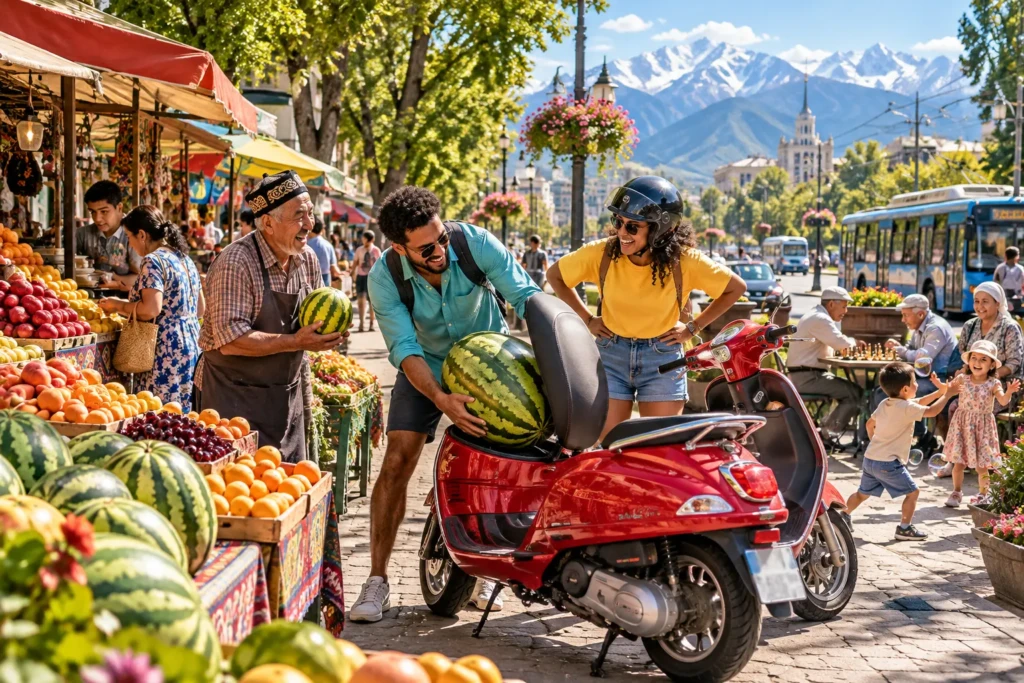 Couple laughing as they try to fit a giant watermelon into a red scooter beside a fruit stall in Almaty, Kazakhstan