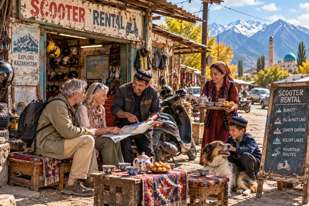 Older couple discussing a scooter rental route with a local shop owner in Kazakhstan.