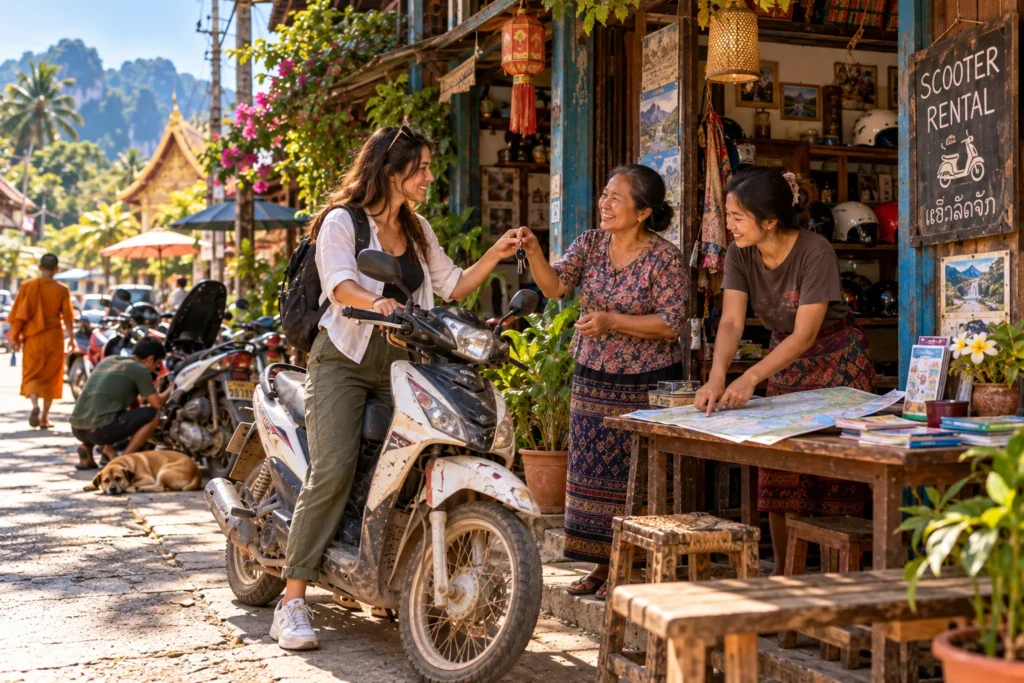 Female traveller collecting the keys to a well-used scooter from a mother and daughter at a traditional family-run scooter rental shop in Laos.