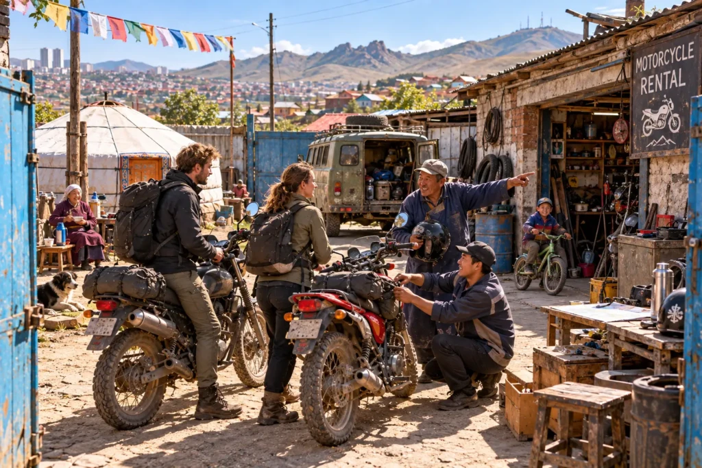Travelling couple collecting their rental motorcycles from a family-run workshop in Ulaanbaatar, Mongolia, with local mechanics, a traditional ger and an old van in the courtyard.