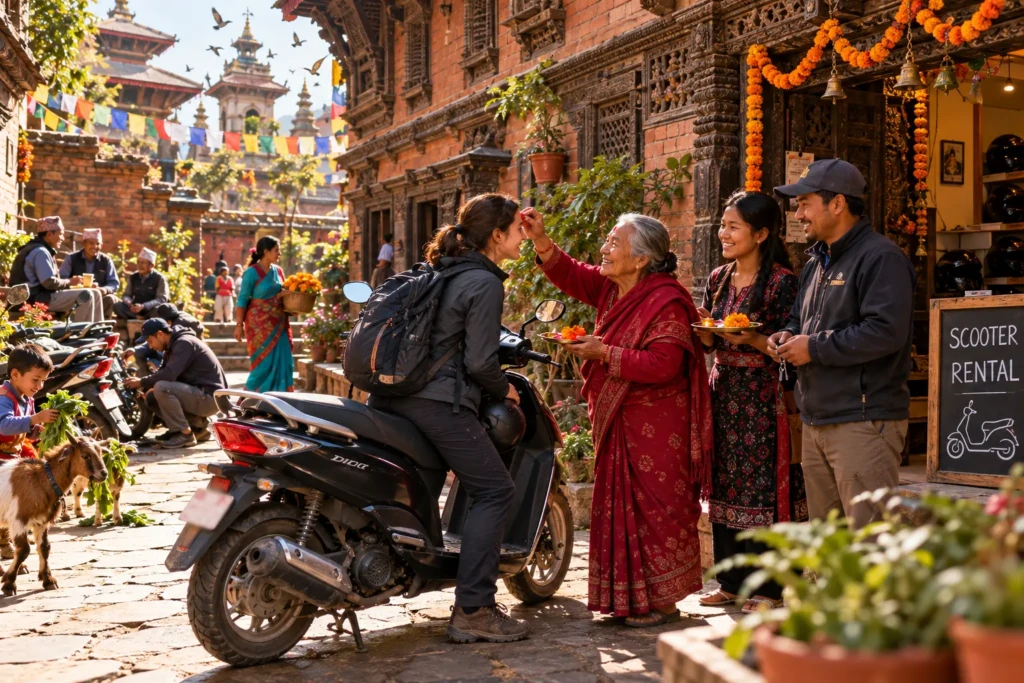 Female traveller receiving a traditional Nepalese blessing before setting off on her rented black scooter in a historic Kathmandu courtyard, surrounded by a welcoming local family.