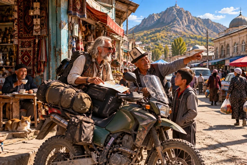 Grey-haired motorcycle adventurer studying a map with a friendly local man at a bustling market in Osh, Kyrgyzstan, beside his dusty, luggage-laden motorcycle.