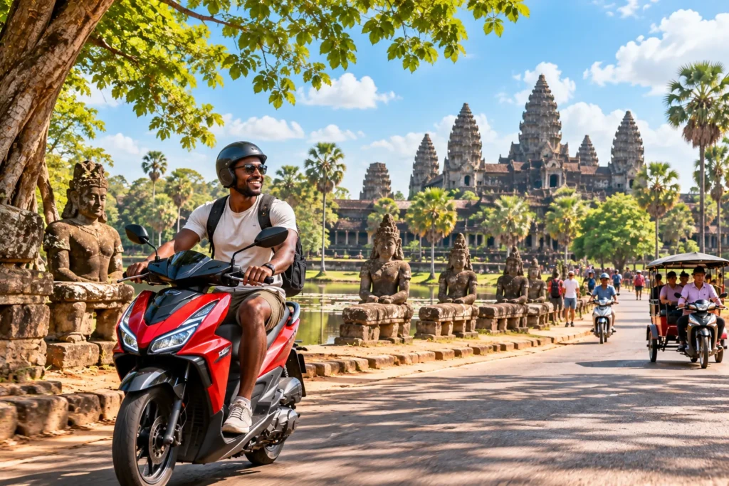 Black male traveller riding a bright red scooter near Angkor Wat in Siem Reap, Cambodia, on a sunny day with temples, palm trees and local street life.