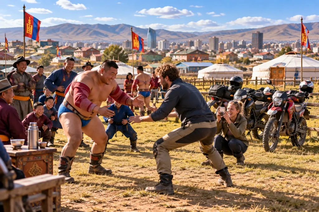 Traveller playfully trying traditional Mongolian wrestling with a local wrestler near Ulaanbaatar, as spectators laugh and his companion takes photographs beside their parked motorcycles.