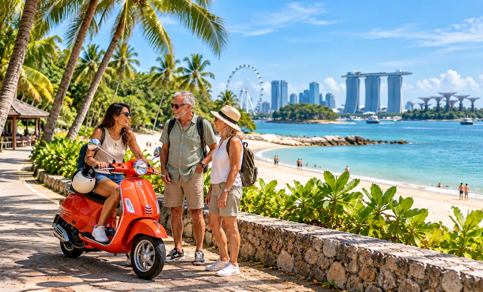 Traveller on a scooter chatting with a couple beside a sunny beach in Singapore.