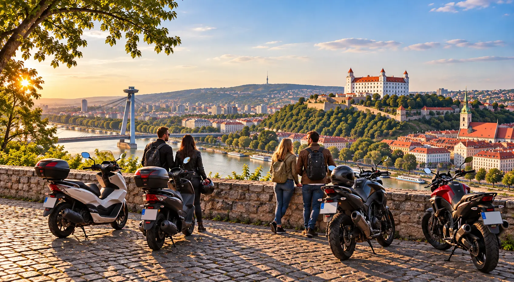 Travellers with rental scooters and motorcycles overlooking Bratislava Castle and the Danube in Slovakia