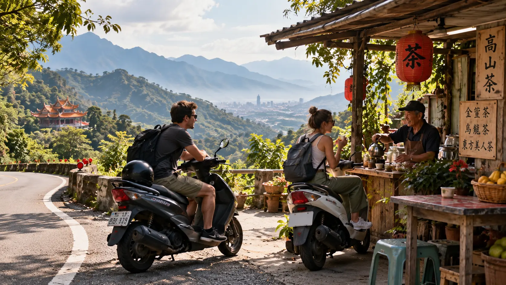 Scooter travellers stopping for tea beside a mountain road in Taiwan.