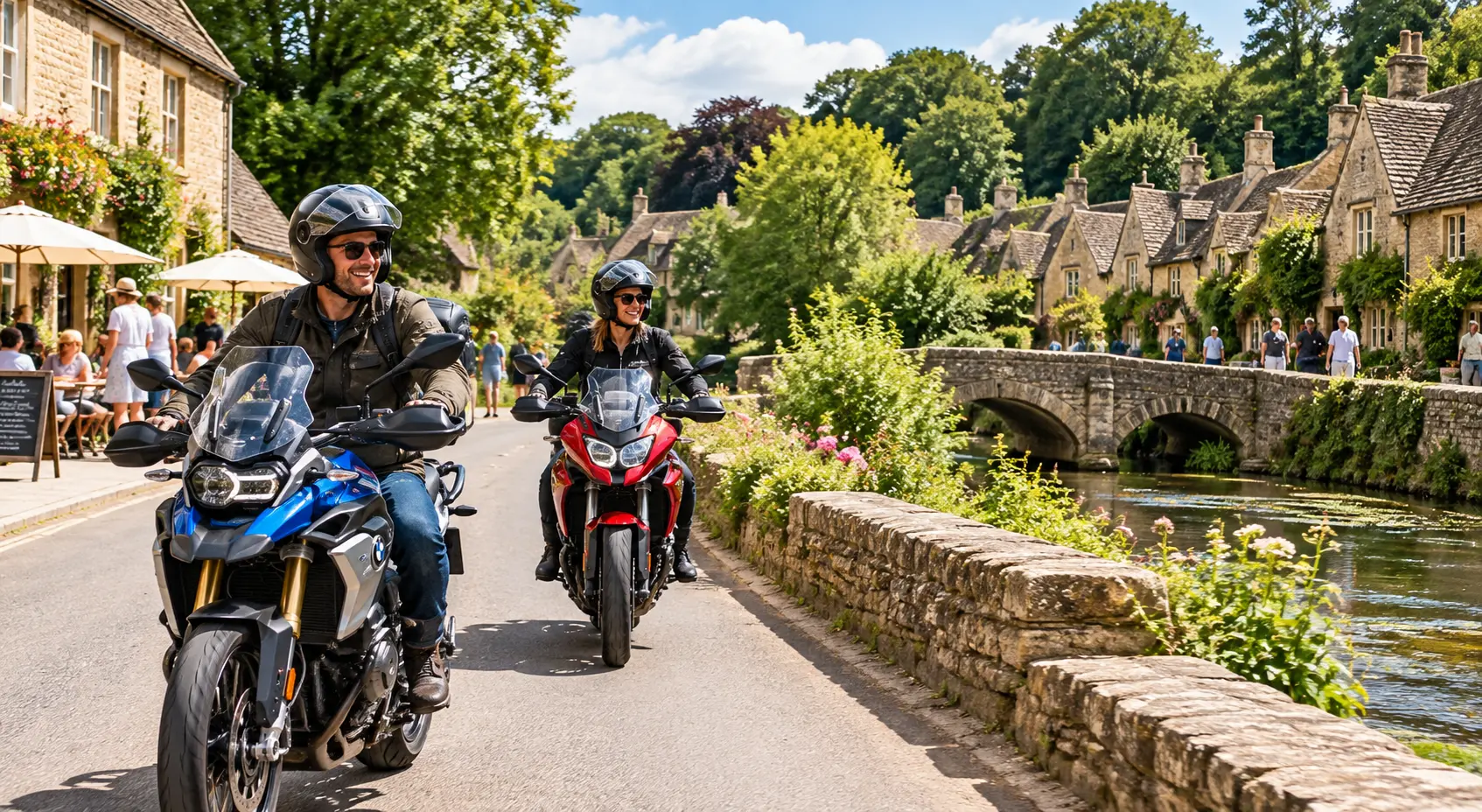 Two motorcyclists riding through a picturesque Cotswolds village in the United Kingdom.
